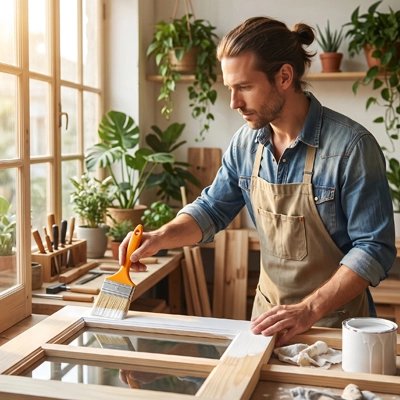 Pinceau bois professionnel application vernis fenêtre atelier