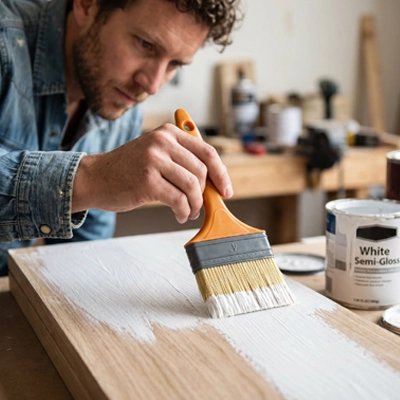 Pinceau bois homme appliquant peinture blanche sur planche