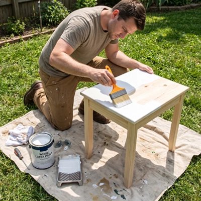 Pinceau bois peinture table jardin finition impeccable