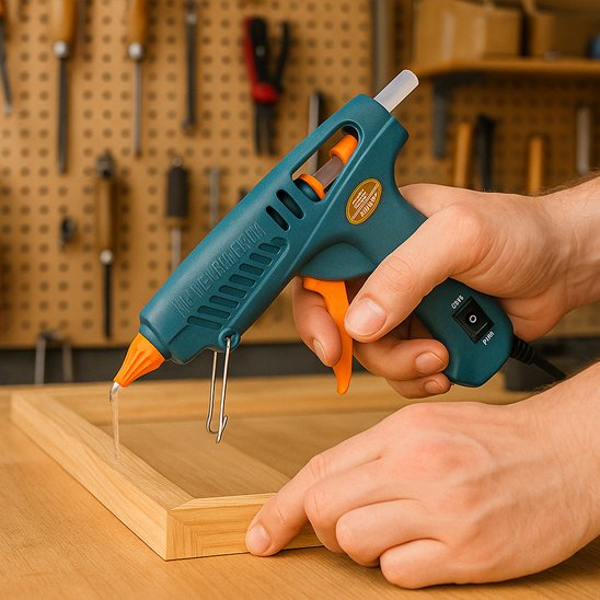 Pistolet à colle thermofusible bleu canard utilisé pour assembler un cadre en bois dans un atelier