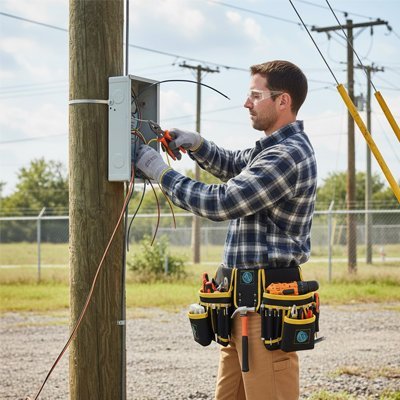 Électricien professionnel utilisant porte-outils ceinture robuste avec bandes jaunes - Travaux électriques extérieurs