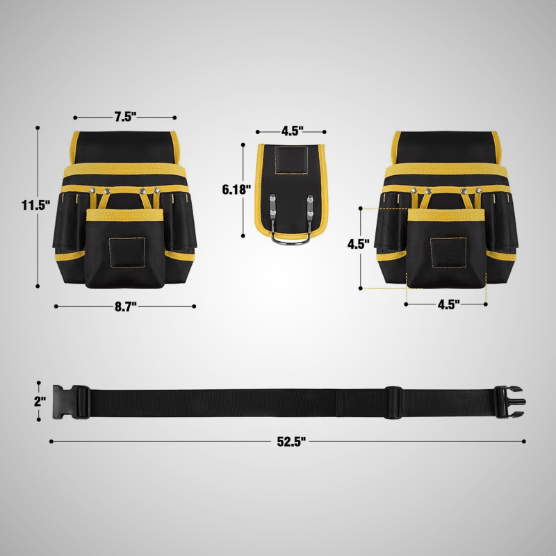2 Porte outils identiques  Hauteur du 29.21cm, Largeur du bas 22.098cm, Largeur du Haut 19.05cm, Hauteur de la Pochette 11.43cm, Largeur 11.43cm, Le porte marteau 15.70cm, Lareur 11043cm,Ceinture Largeur 5.08, Longueur 133.35cm