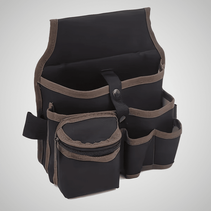 Porte-outils ceinture noir avec bordures beiges - Vue arrière avec multiples poches de rangement