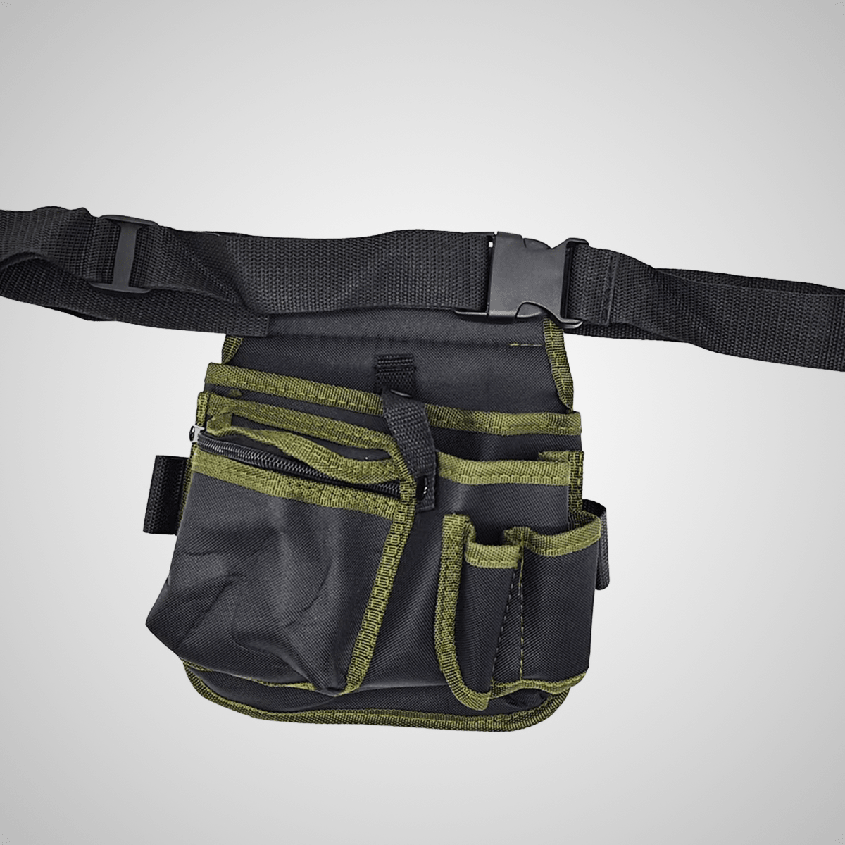 Porte-outils ceinture robuste avec bordures vertes - Multiples compartiments pour organisation professionnelle