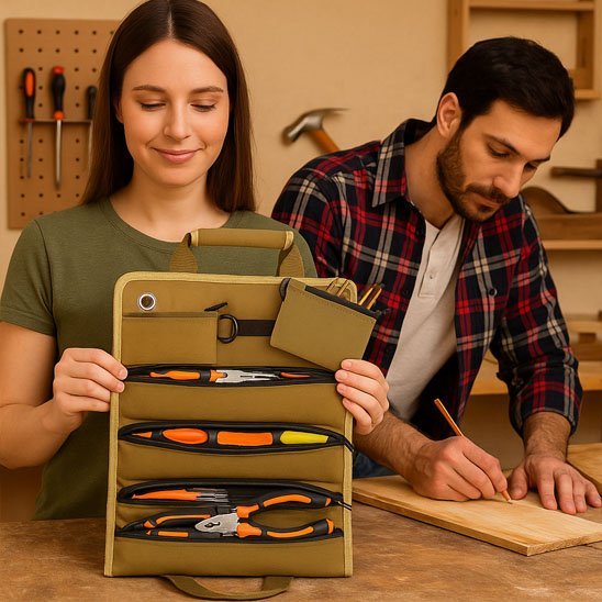 Sac à outils enroulable professionnel en toile kaki résistante avec multiples compartiments organisés pour électricien
