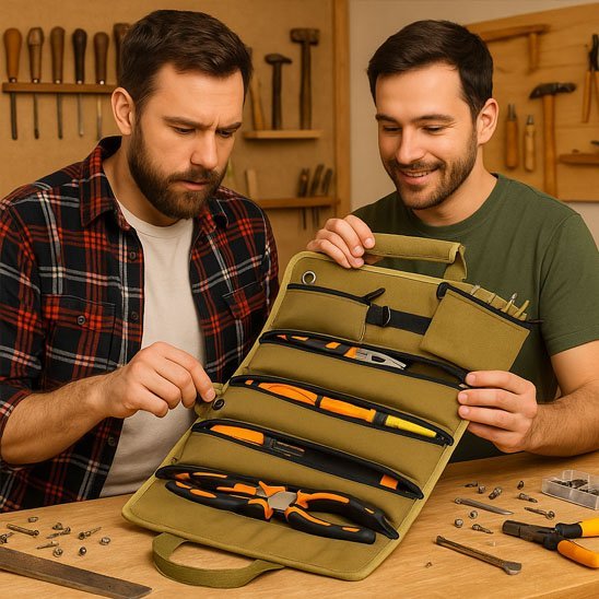 Sac à outils enroulable déployé montrant les multiples poches zippées et compartiments modulables pour rangement optimal
