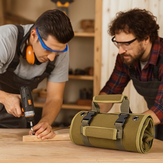 Gros plan sur les compartiments organisés du sac à outils enroulable avec séparateurs pour clés et tournevis
