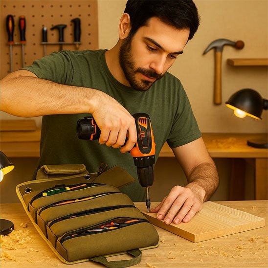 Sac à outils enroulable compact avec système de fermeture sécurisée et sangles de maintien pour transport facile
