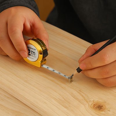 Ruban mètre porte-clés 2m utilisé pour tracer une mesure sur planche de bois – coloris or
