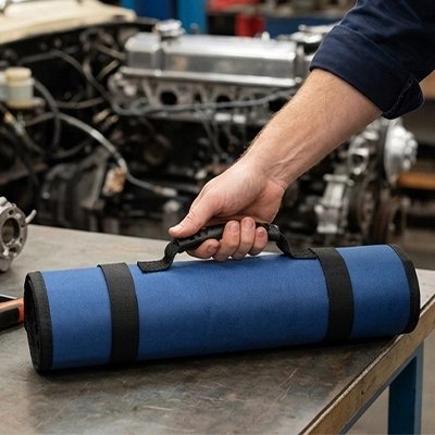 Sac à outils enroulable bleu transporté à la main