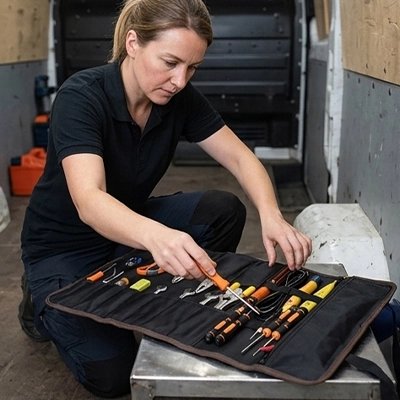Sac à outils enroulable utilisé par technicienne