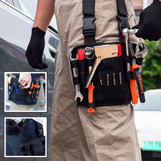  Sac à outils pour taille noir porté à la ceinture avec bretelles ajustables, rempli d'outils variés incluant clés et tournevis