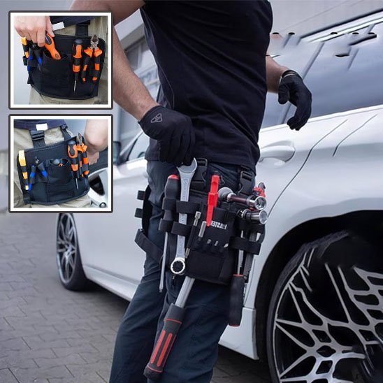 Mécanicien portant un sac à outils pour taille noir avec outils rouges et noirs, travaillant sur une voiture