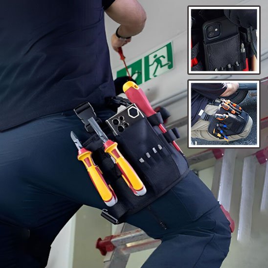 Électricien utilisant un sac à outils pour taille noir avec tournevis jaunes et rouges