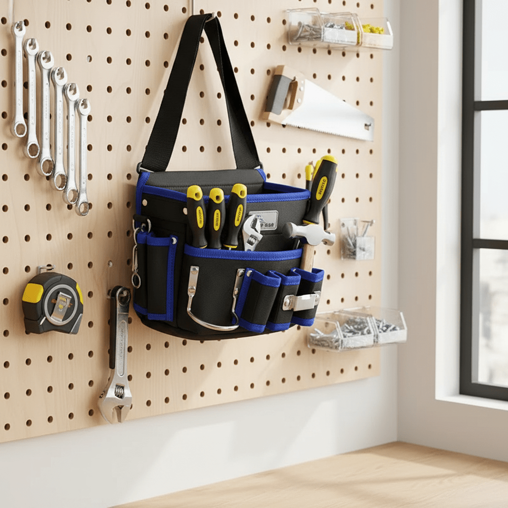 Sac banane noir et bleu sur mur d'établi avec outils