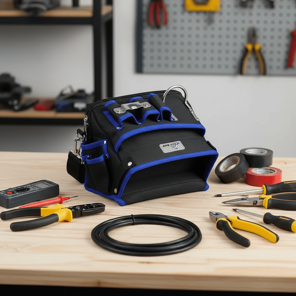Sac banane noir et bleu sur établi avec outils d'électricien