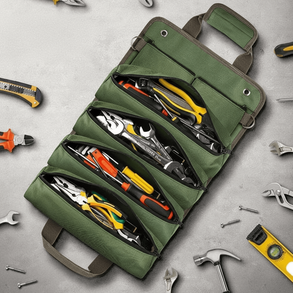 Sac à outils enroulable professionnel compartiments multiples organisés
