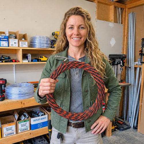 Tire câble orange et noir présenté enroulé dans un atelier