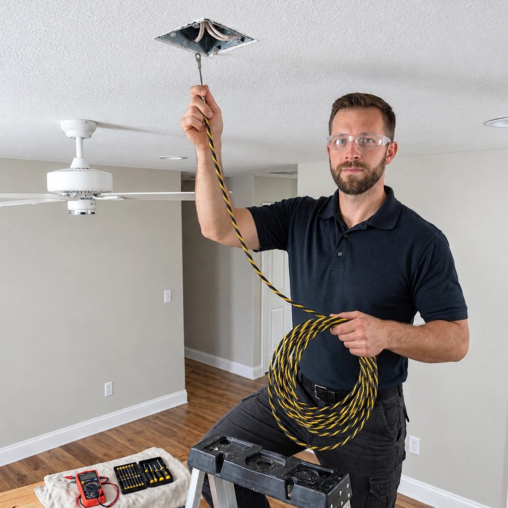Tire-fil avec œillet introduit dans un boîtier au plafond.