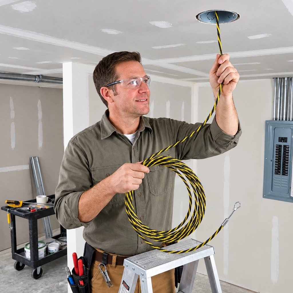 Tire-fil jaune et noir guidé dans un boîtier au plafond.