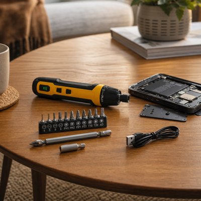 Kit tournevis électrique avec embouts et câble USB sur table