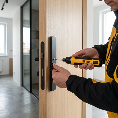 Technicien vissant une serrure de porte avec un tournevis électrique