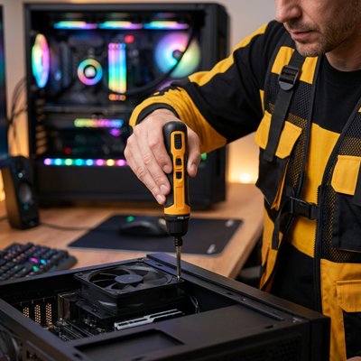 Homme assemblant un PC gaming avec un tournevis électrique