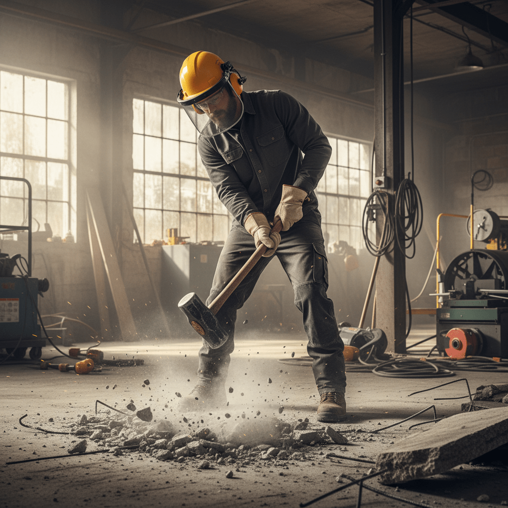 Professionnel démolissant un plancher de ciment avec maillet robuste Precision Pro
